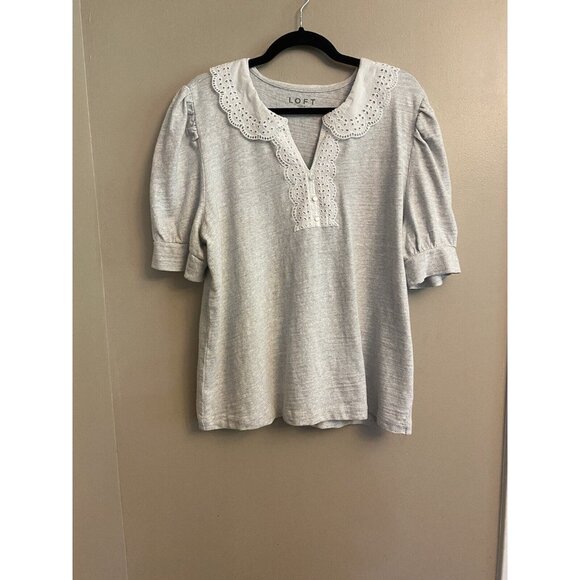 LOFT Gray Blouse with Puff Sleeves and Peter Pan Collar - Picture 1 of 10